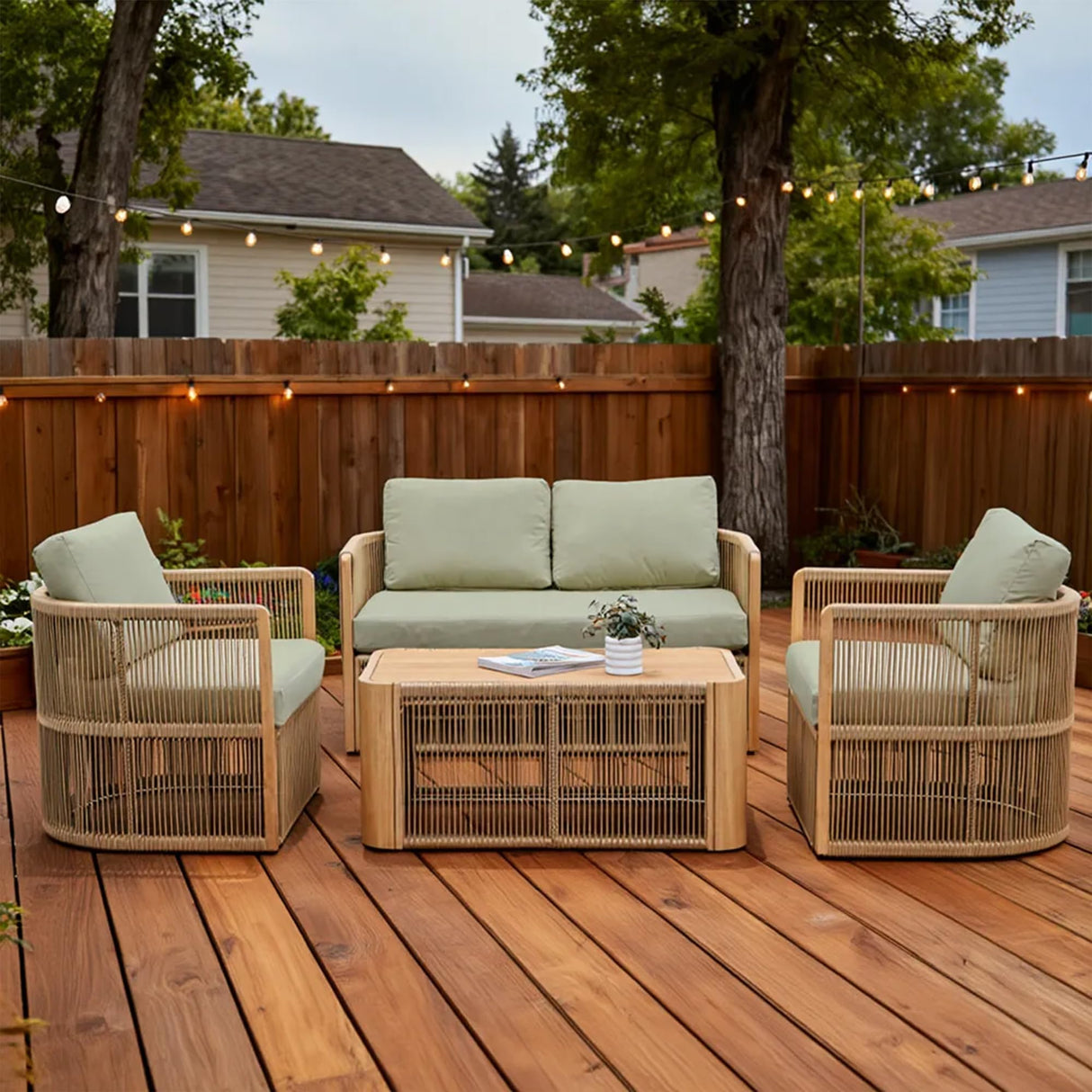 DAYARUS 4 Piece Patio Furniture Set, Aluminum Patio Conversation Set, Rope Rattan Patio Sectional Sofa, All Weather Outdoor Sofa Couch with Coffee Table and Cushions for Lawn/Backyard/Deck, Green DAYARUS