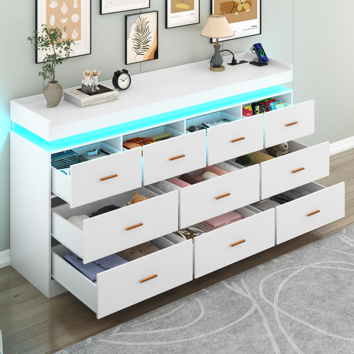 Hlivelood 10 Drawer Dresser with LED Light and Charging Station, Modern Chest of Drawers for Closet, Wide Drawer Organizer Cabinet for, Living Room, Entryway, Hallway, White Hlivelood