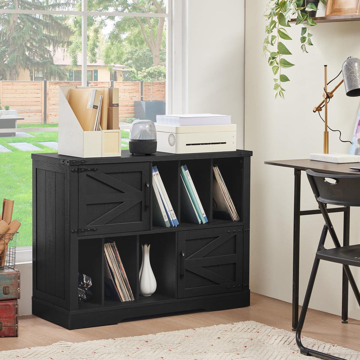 Joaxswe Large Record Player Stand with Vinyl Storage Up to 450 Albums, 39 Inch Farmhouse Wood Black Vinyl Records Storage Cabinet with Barn Doors, Mid-Century Modern Turntable Stand for Living Room Joaxswe