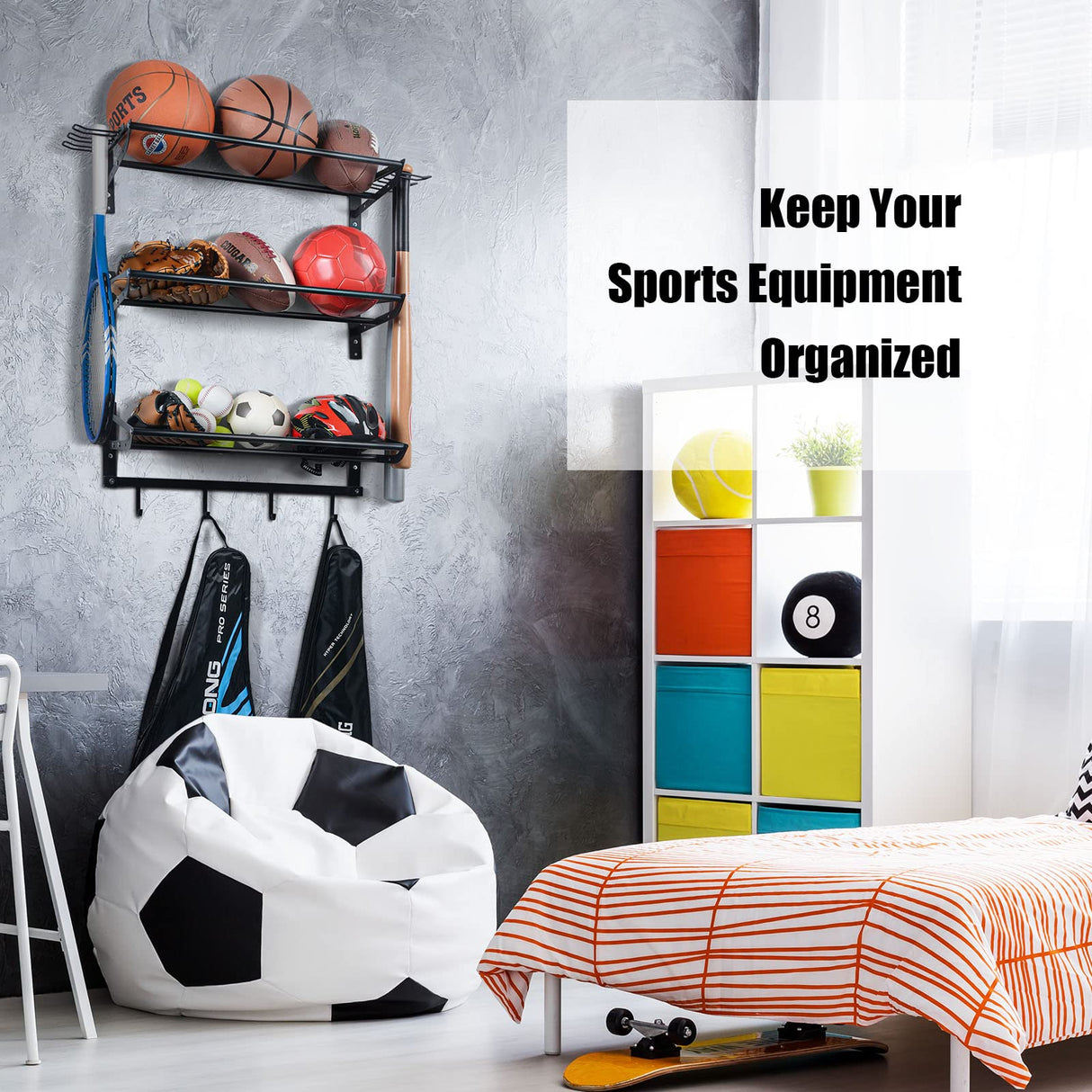 XCSOURCE Garage Sports Equipment Storage Rack with 3 Separate Shelf, Ball Rack, Sport Equipment Organizer with 4 Hooks for Badminton Racket, Basketball Rack for Basketball Football Rugby XCSOURCE