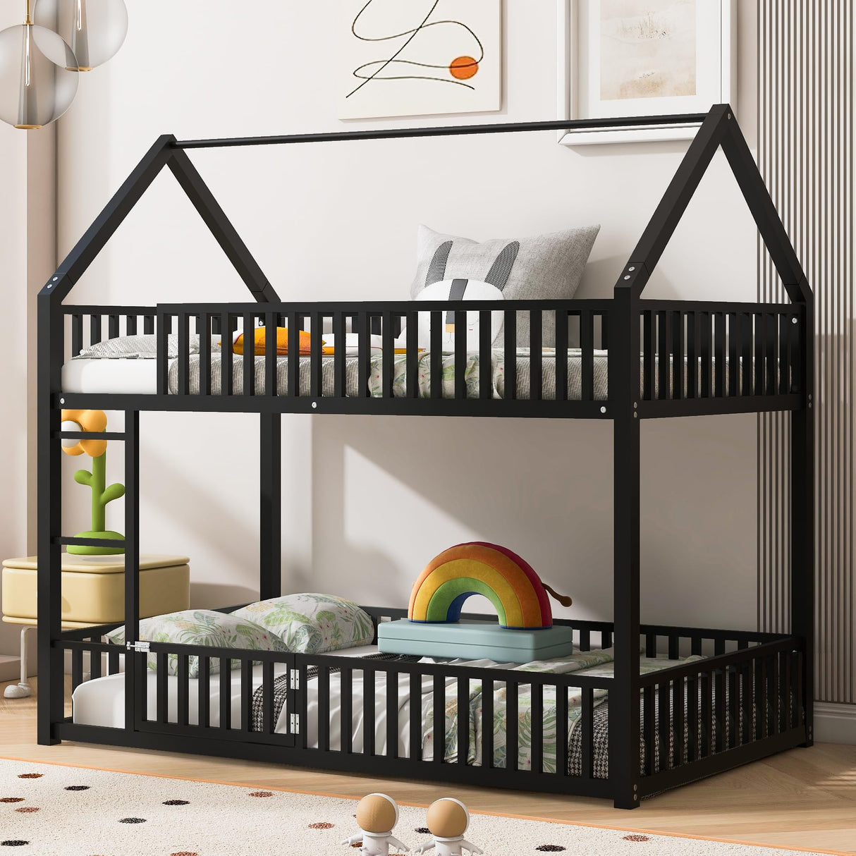 RuiSiSi Twin Over Twin Metal Bunk Bed, House Bunk Bed with Safety Guardrails and Roof Design for Kids, Twin Floor Bunk Beds for Bedroom, Space Saving, No Box Spring Needed, Black RuiSiSi