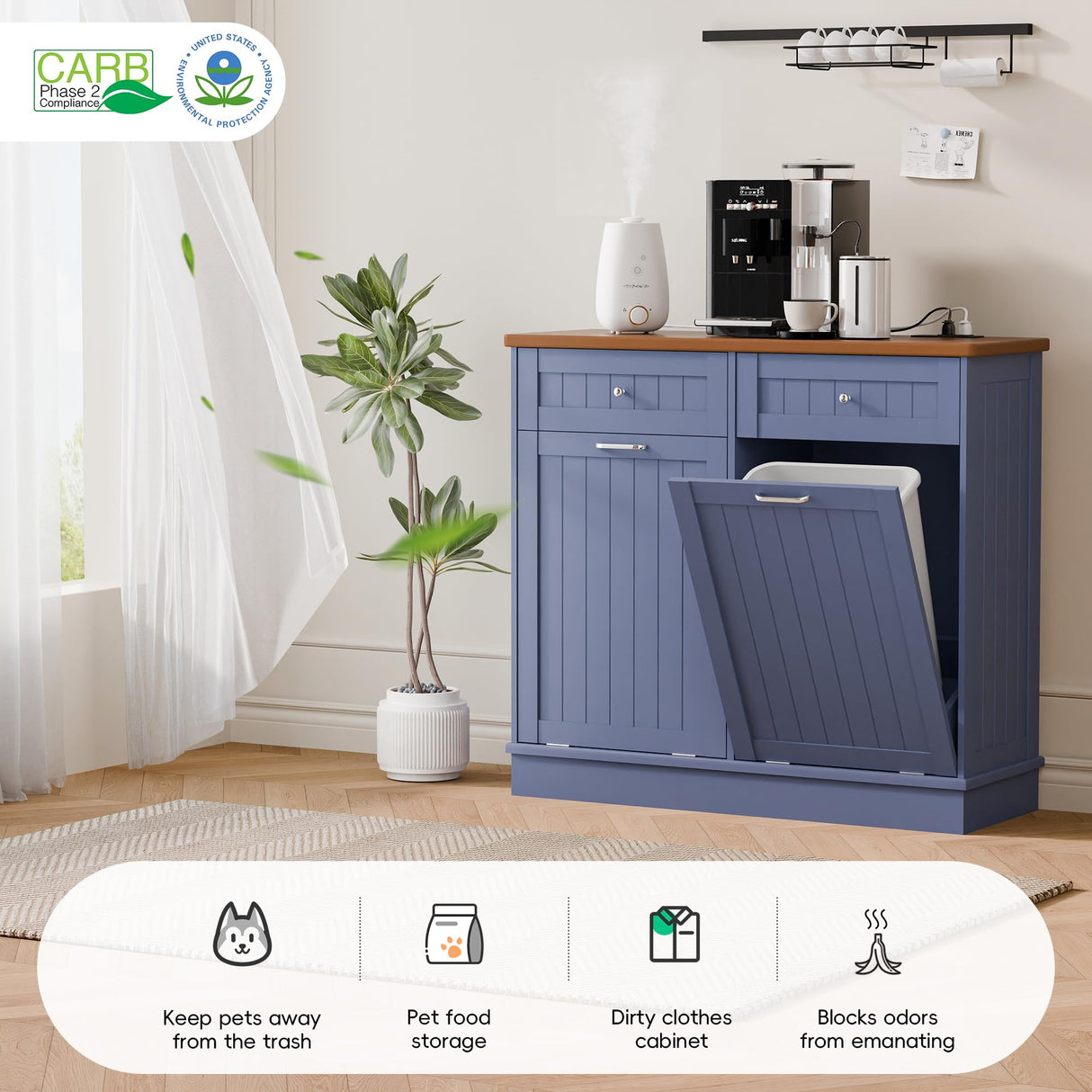 Betterhood Double Tilt Out Trash Cabinet with Power Outlet, 10 Gallon Trash Cabinet with Storage,Pet Proof Trash Can with 2 AC & USB Sockets for Kitchen,Living Room (Blue) Betterhood