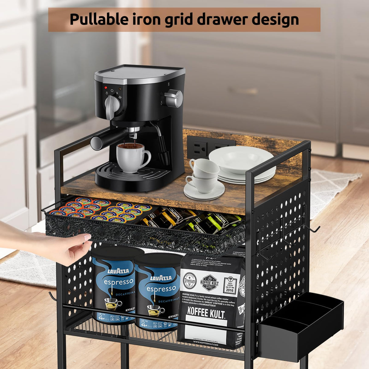 Kwynsa Coffee Bar Cabinet with Power Outlet, Coffee car with Lockable Wheels,Coffee Pod Holder,for Office,Living Room and Small Space,(Rustic Brown) Kwynsa