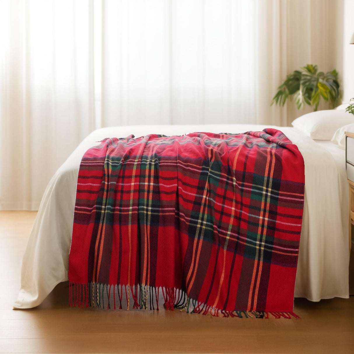BATTILO HOME Christmas Red Plaid Throw Blanket for Couch, Bed, Super Soft Red Plaid Blankets,Soft Christmas Decorative Throw with Tassels 50"x60" BATTILO HOME