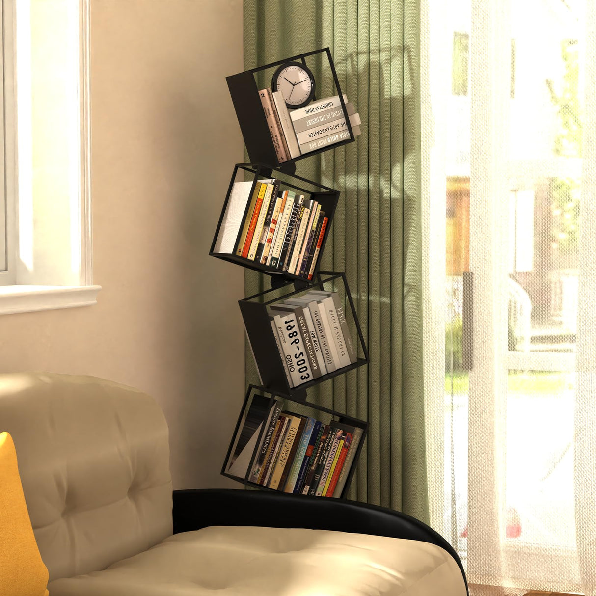 Kunicely 5-Tier Metal Geometric Bookshelf – Modern Narrow Floor Bookcase, Space-Saving Organizer for Living Room, Bedroom, Office, Corner – Black Kunicely