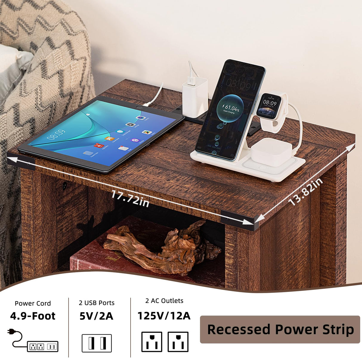 Joaxswe Night Stand with Charging Station and USB Port, 18 Inch Farmhouse Nightstand with Storage Shelf, Rustic Wood Bedside Table with Magnetic Door, Bed Side Tables for Bedroom, Reclaimed Barnwood Joaxswe