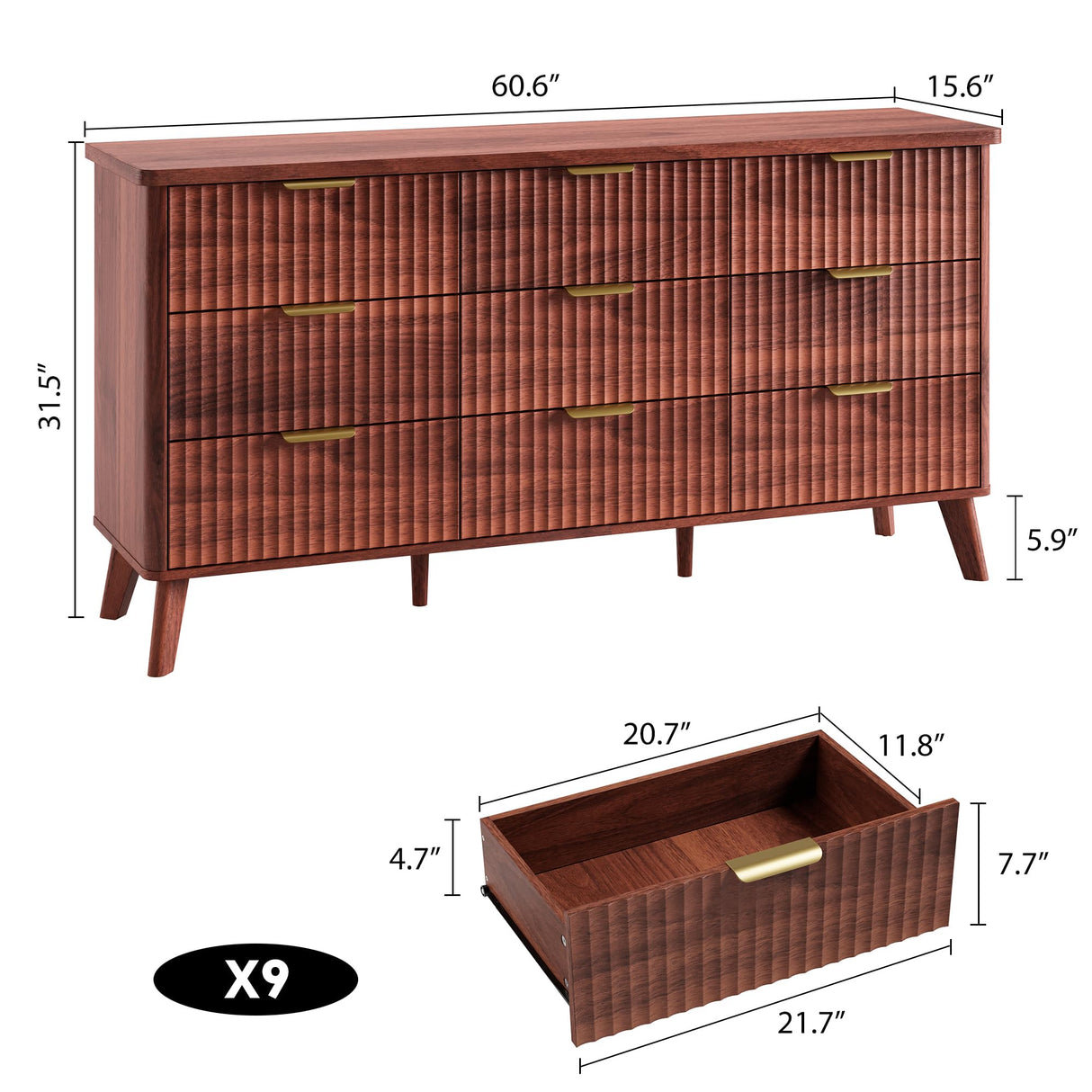 GarveeHome Fluted Dresser for Bedroom with 9 Deep Drawers, 60.6 in Wide Modern Chest of Drawers, Wooden Dresser TV Stand, Curved Profile Design, for Living Room, Kids Room, Hallway, Walnut GarveeHome