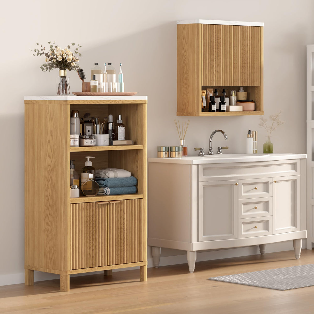 HOMEFORT Bathroom Wall Cabinet, Medicine Cabinets, Over The Toilet Storage Cabinet with 2 Doors, Adjustable Shelf and Faux Marble Top, Natural Oak HOMEFORT