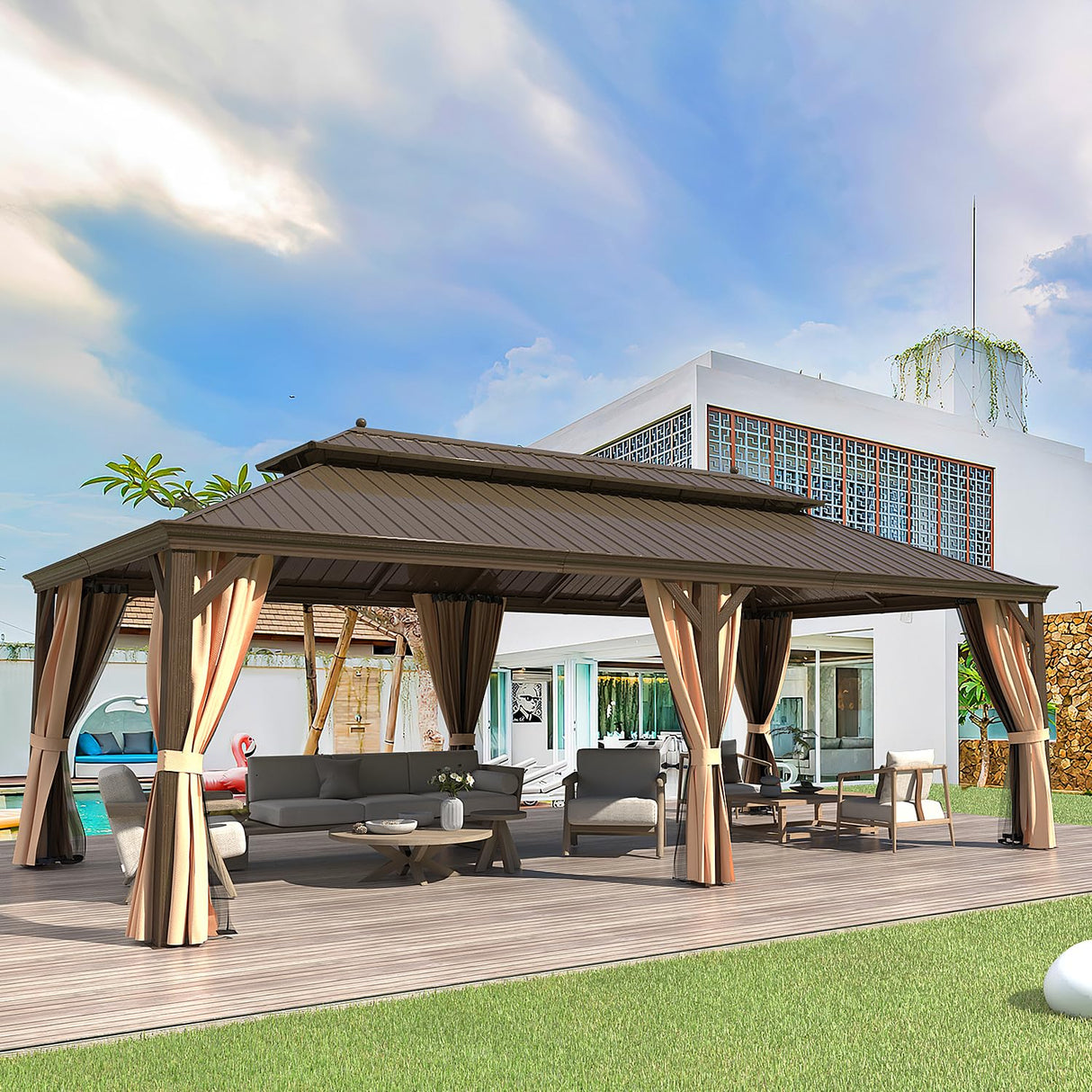 YOLENY 12'x24' Gazebo, Hardtop Gazebo with Galvanized Steel Double Roof, Pergolas Aluminum Frame, Netting and Curtains Included, Metal Outdoor Gazebos for Garden, Lawns YOLENY