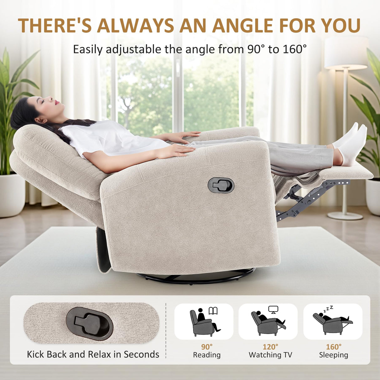 VANOMi 360 Swivel Rocker Recliner Chair, Nursery Rocking Chair with Tufted Backrest, Manual Recliner Chairs for Small Spaces, Upholstered Glider Nursing Chair for Living Room, Bedroom (Camel) VANOMi