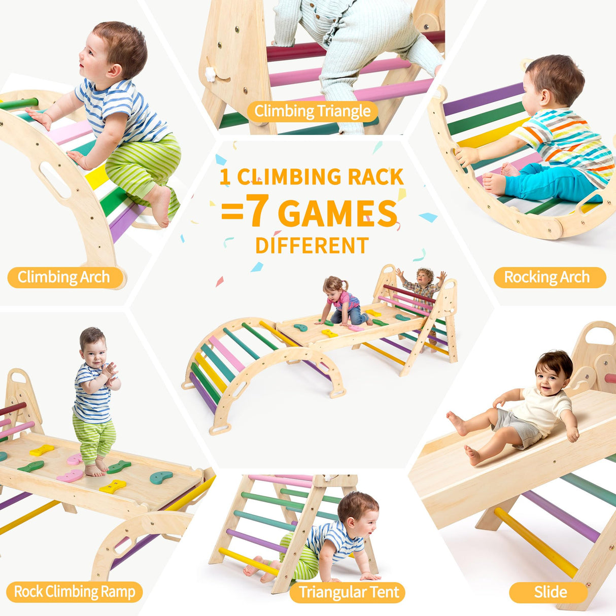 RMOKA Indoor Climbing Toys for Toddlers 1-3, 7in1 Extra Large Pikler Triangle Set, Foldable Wooden Montessori Climbing Set with Arch, Ramp & Ladder Baby Indoor Playground Jungle Gyms for Toddlers RMOKA