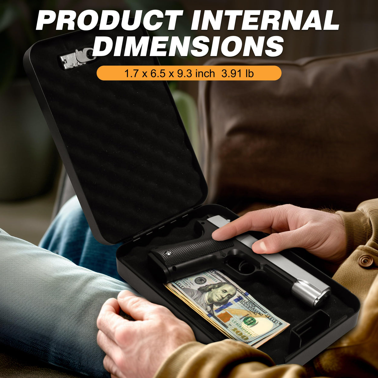 Portable Gun Safe for Pistols, Small Handgun Lock Box with Combination Lock or Key Lock, Portable Travel Pistol Safe for Travel, Home, Car (Large-Key) PACOLO