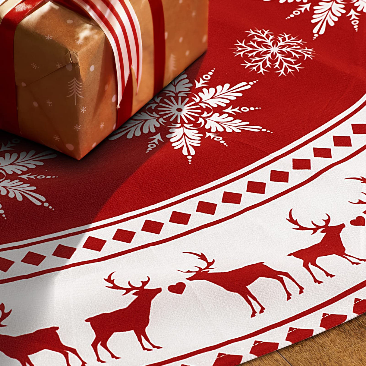 Christmas Tree Skirt 48 inch Tree Skirt Large Snowflake Reindeer Red Xmas Tree Skirt Rustic Christmas Decorations for Winter New Year Holiday Party Decor Indoor Outdoor Lukisesy