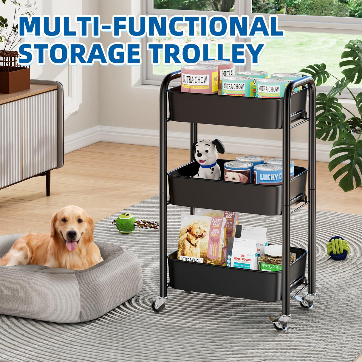 MWQ Heavy Duty Rolling Cart, Mesh Utility Storage Cart with Lockable Wheels for Kitchen, Bathroom, Office, 3-Tier Metal, Black MWQ