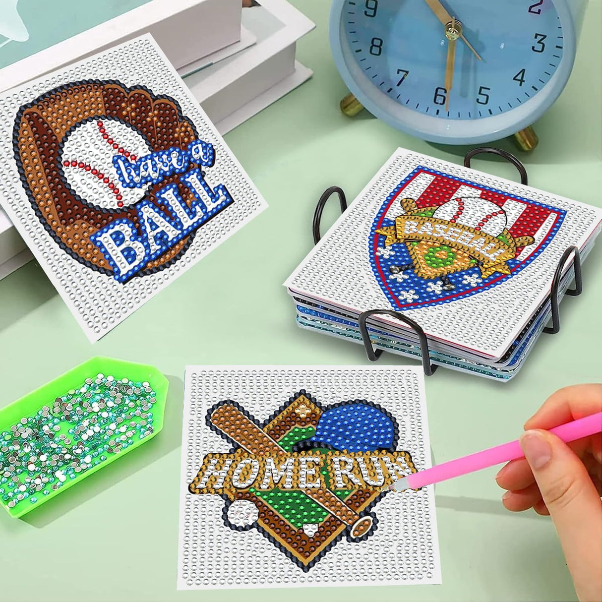 6 Pcs 5D DIY Baseball Diamond Paintings Coasters with Holder for Adults Beginners, Round Full Drill Diamond Art Craft Supplies QLBD-20 WoodArtSupply