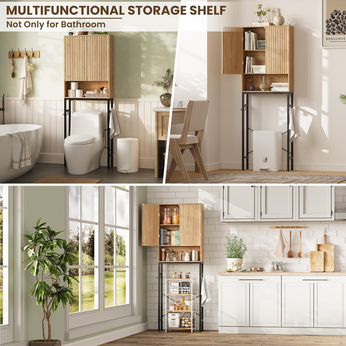 Toilet Storage Cabinet, Over The Rack Wood Cabinet with Metal Stand, Bathroom Organizer with Adjustable Shelf, Tall Freestanding Washer Shelf, Small Cupboard, Space Saver, Natural Style TROJM