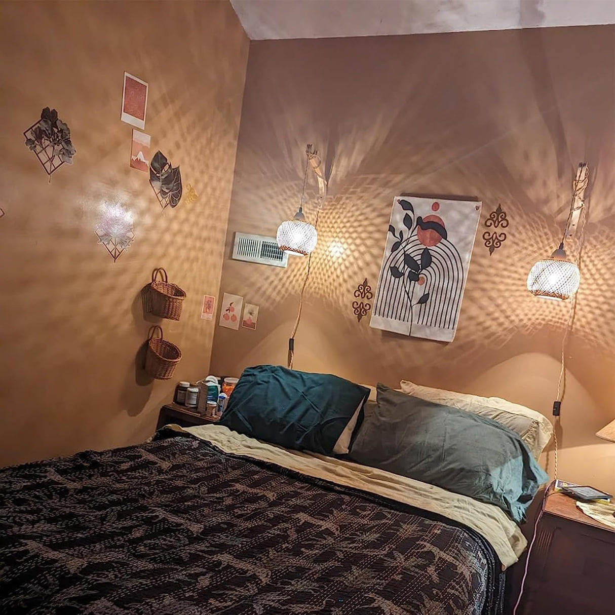 Frideko Bamboo Lantern Plug in Wall Sconces Wicker Wall Lamp with Plug in Cord Hand Woven Rattan Wall Light Farmhouse Rustic Wall Sconces Boho Sconces Wall Lighting for Living Room Bedroom FRIDEKO HOME