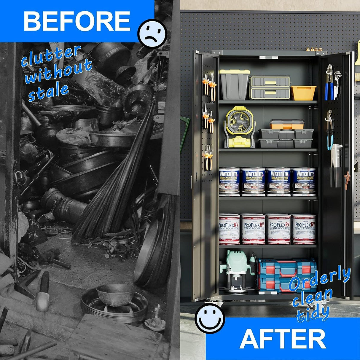 Upgraded Metal Garage Tools Storage Cabinet with Wheels, 72" Tall Lockable Garage Cabinet with Pegboard & 4 Hooks, Adjustable Shelves for Garage Utility Rooms Assembly Required(Black) WoodArtSupply