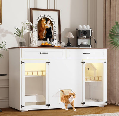 DAWNSPACES Enclosed Cat Litter Box Enclosure, Hidden Kitty Litter Furniture with 2 Large Drawers, 2 Glass Doors, LED Light and Cat Scratching Post