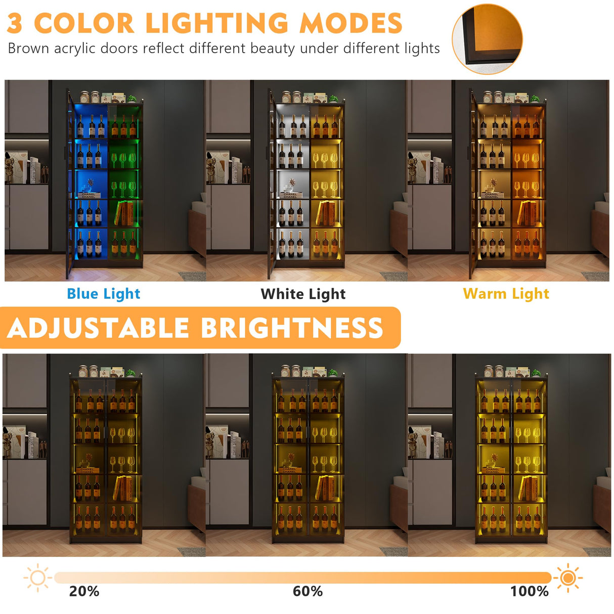 Lvifur Tall Storage Cabinet up to 70", LED Kitchen Pantry Cabinet with Human Body Induction, 5 Tier Bookcase Display Cabinet with Adjustable Shelves for Living Room Office (Black) Lvifur