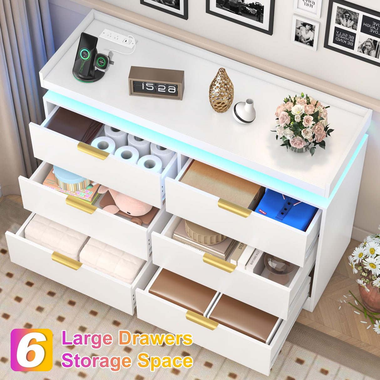6 Drawer Dresser for Bedroom, White Dresser with LED Lights and Power Outlet, Modern Chest of Drawers for Closet, Double Wide Drawer Organizer Cabinet for Bedroom, Living Room, Entryway, Hallway knoworld