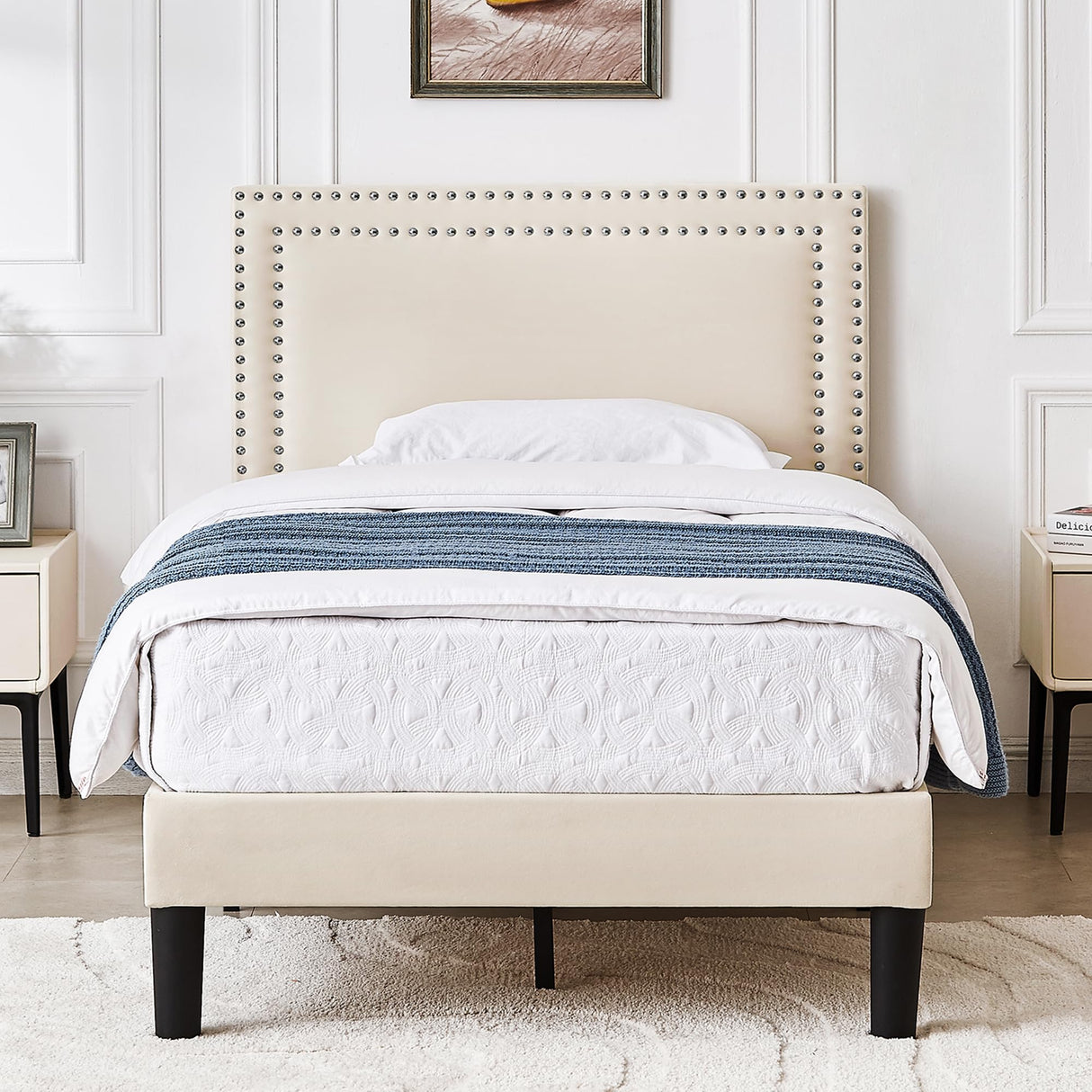 VECELO Twin Size Platform Bed Frame with Adjustable Upholstered Headboard, Nailhead Decor, Strong Wood Slat Support, No Box Spring Needed, Easy Assembly VECELO