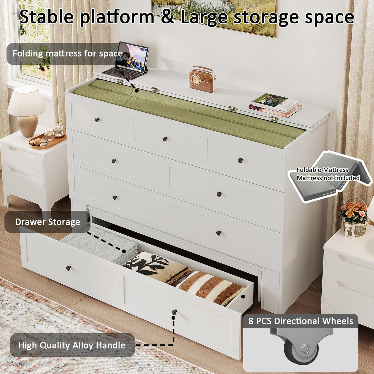 LIVAUVEAD Queen Murphy Bed with Storage & Charging Station, Murphy Cabinet with Foldable Panel, Noisy Free, for Guest Bedroom, Living Room, Office, Distressed White LIVAUVEAD