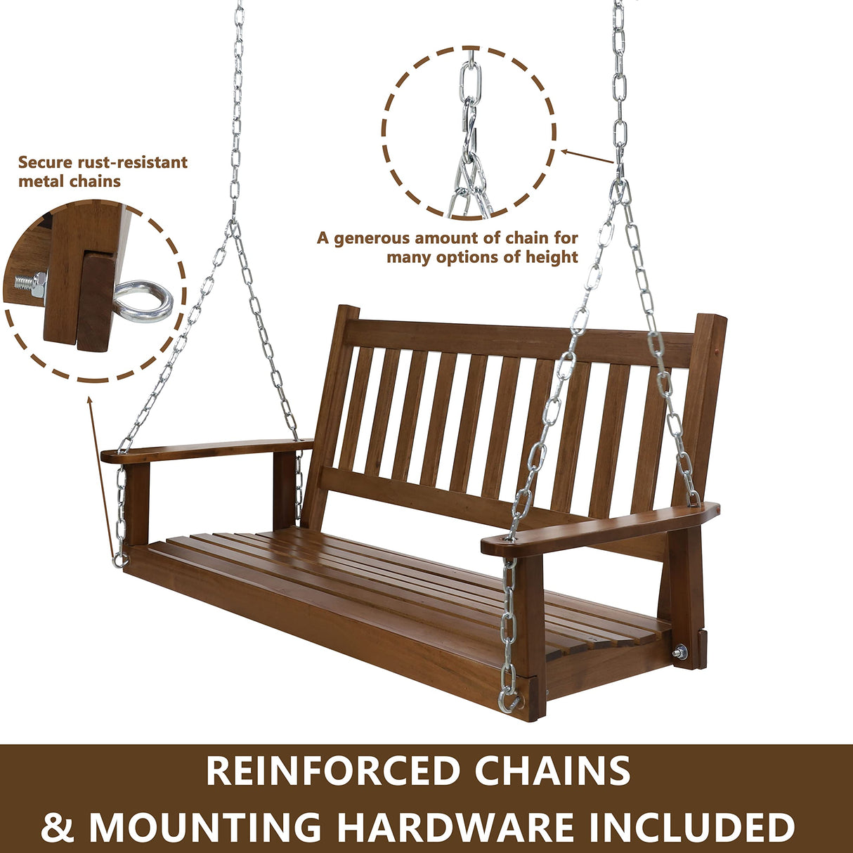 MUPATER Outdoor Patio Hanging Wooden Porch Swing 4FT with Chains, 2-Person Heavy Duty Swing Bench for Garden and Backyard, Wood Brown MUPATER