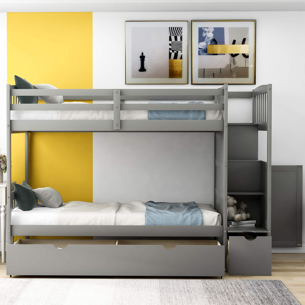 Ibraccieni Twin Bunk Bed - Twin Over Full Bed with Storage Stairway & Shelves, Drawers and Cabinet Door, Wooden Convertible Bottom Bed for Bedroom Dormitory Apartment or Guest Room, Grey Ibraccieni