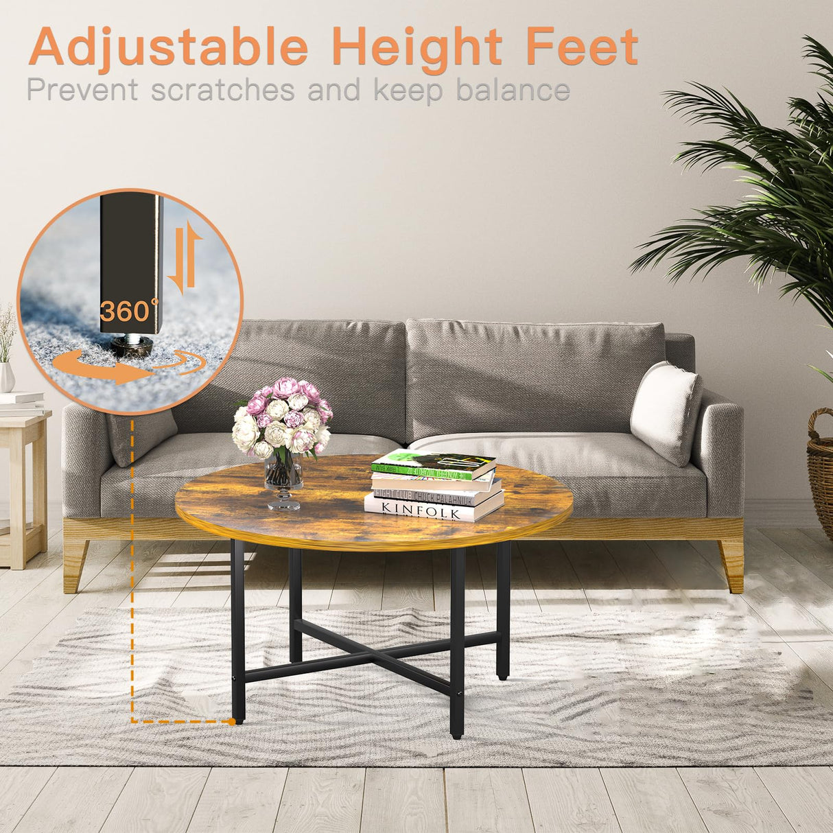 FAMIDGE Round Coffee Table, Small Coffee Tables for Living Room, Circle Coffee Table with Metal Frame, Floor Table Desk for Sitting on The Floor, Home, Office, Rustic Brown (23.6" D x 14.2" H) FAMIDGE