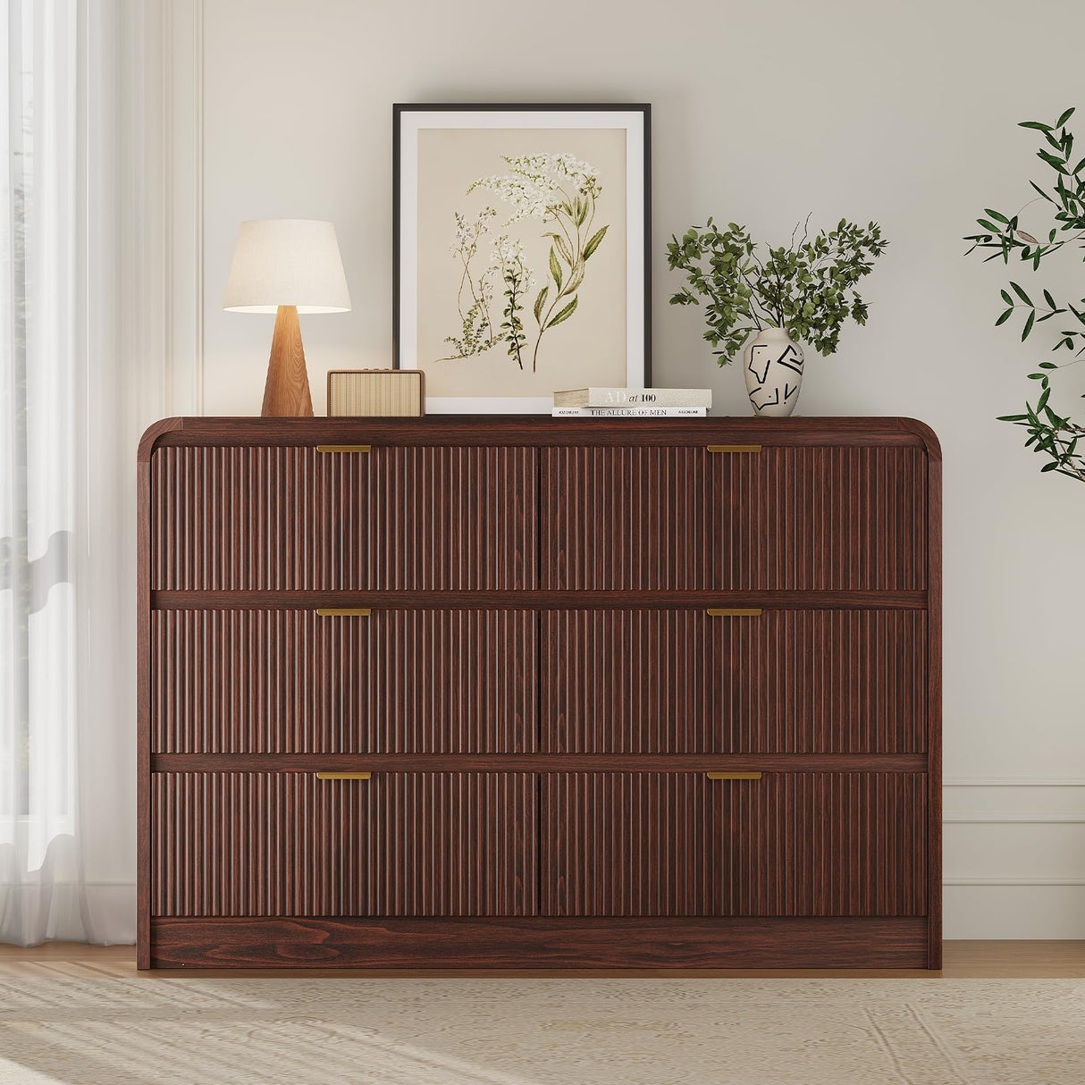 FURSUN Fluted 6 Drawers Dresser for Bedroom, 54" Wide Wooden Dresser with Metal Handle, Curved Profile Design, Modern Storage Organizer for Bedroom, Living Room, Hallway, Walnut FURSUN