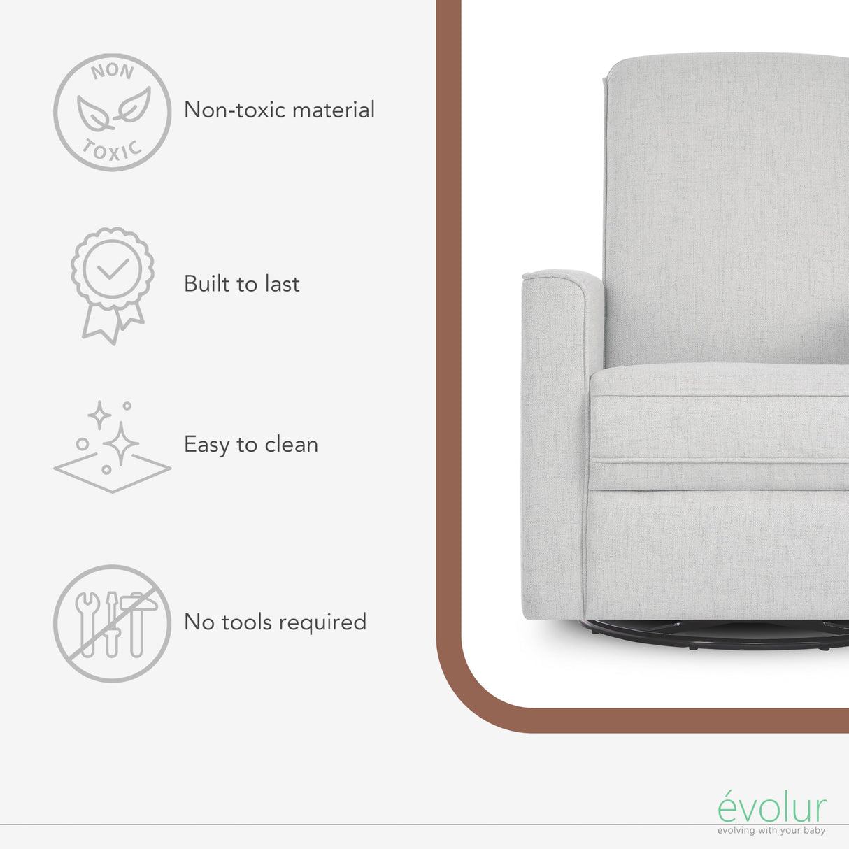 Evolur Harlow Upholstered Power Glider Recliner with USB Charging – Rocking & 360° Swivel with Smooth Glide – Greenguard Gold & FSC Certified – Modern Nursery and Living Room Chair in Fog Evolur