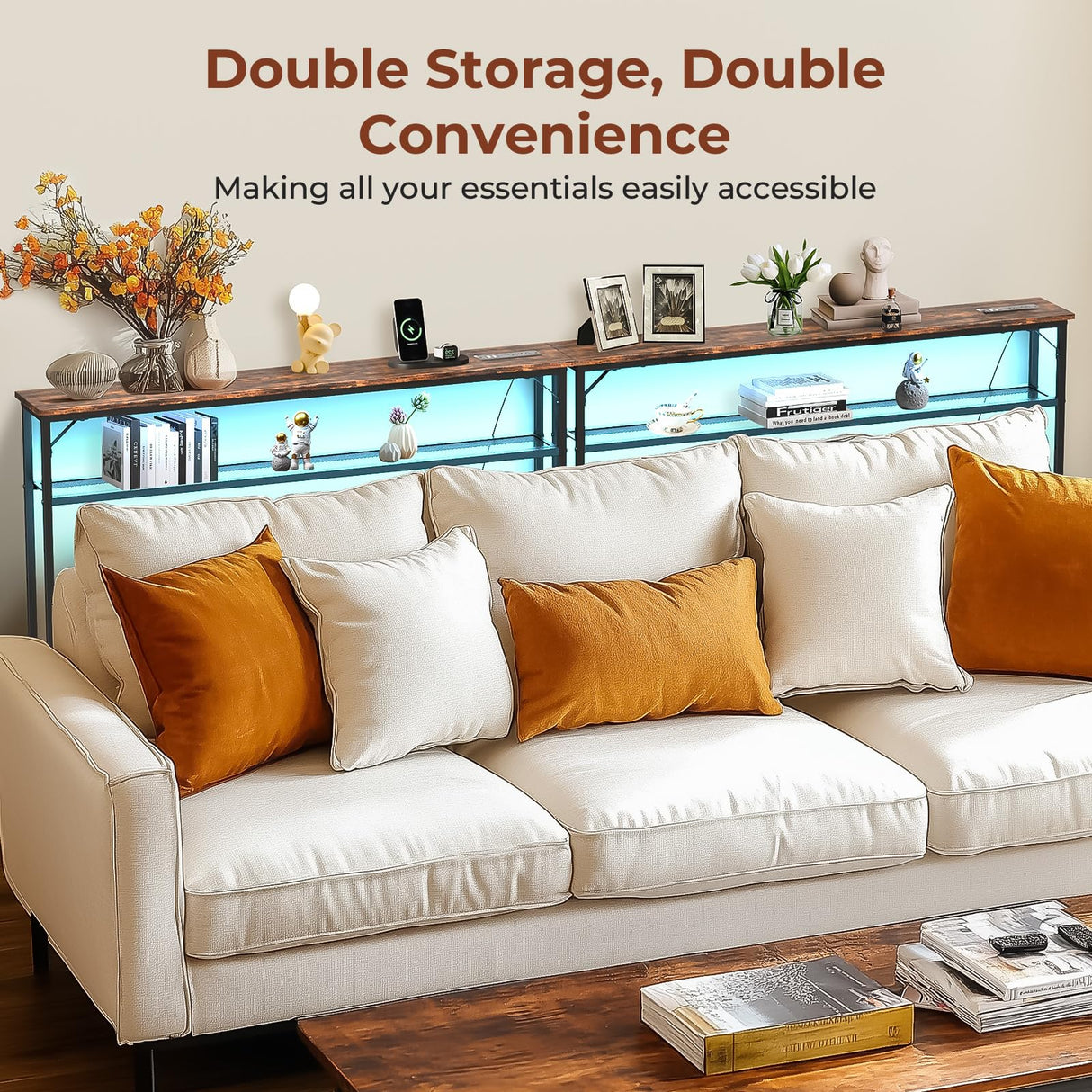 Tatub 78.8" Behind Couch Table with 2 Power Outlets&Led Light, Narrow Console Table Rustic Sofa Table, Industrial 2Tier Skinny Entryway Table with Metal Frame for Living Room - 2 Packs Tatub