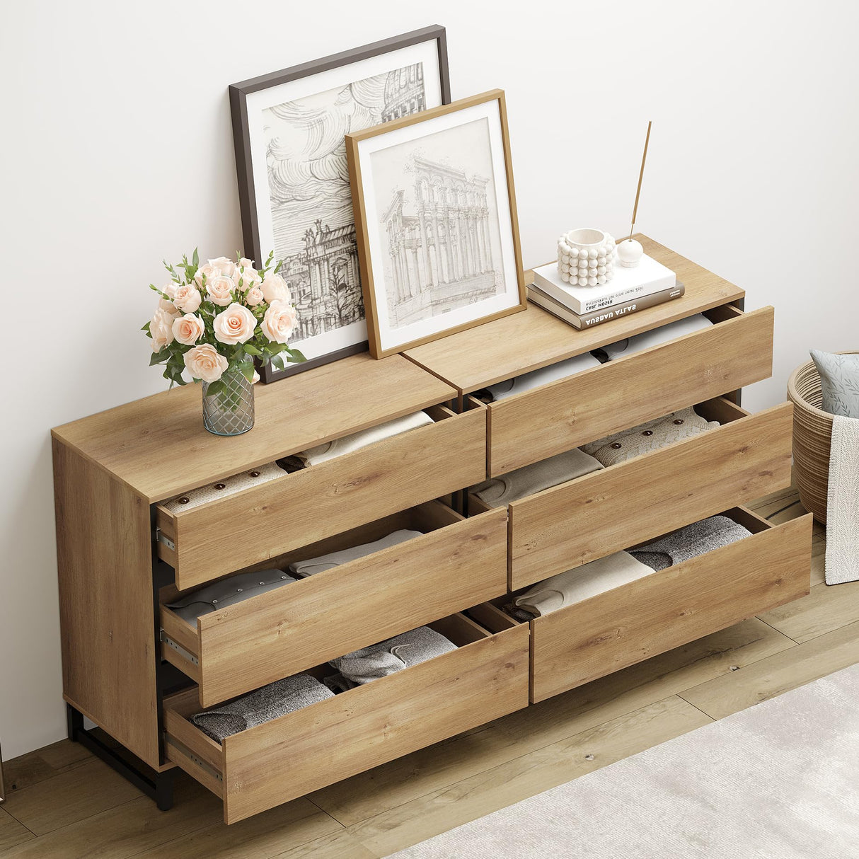 WAMPAT Dresser for Bedroom, Closet Organizers and Storage with 12 Drawers, Chest of Drawers with Metal Base, Wooden Modern Dresser for Living Room, Bedroom, Entryway, Oak WAMPAT