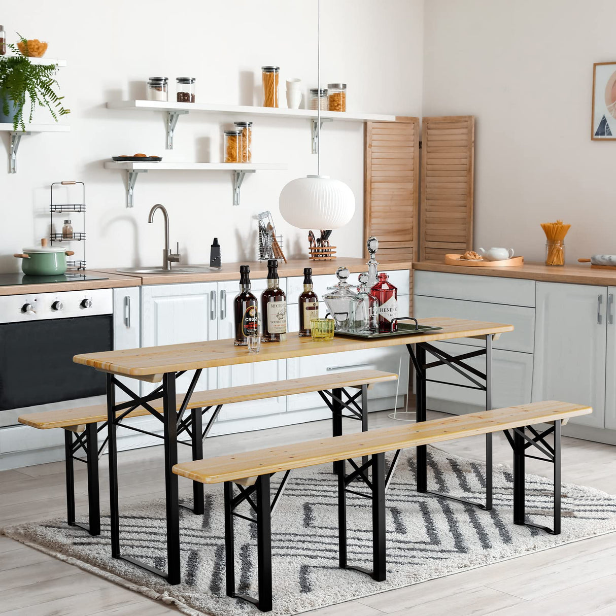 VINGLI Folding Picnic Tables with Benches Set, Weather-Resistant Wooden Beer Garden Table Bench, 3-Piece Portable Fold Up Camping BBQ Table w/Carrying Handles VINGLI