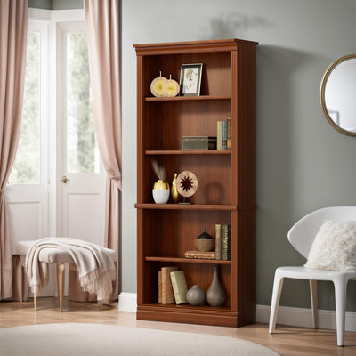 Furniwell 5-Shelf Tall Cherry Bookcase – Elegant Open Display Storage for Any Room