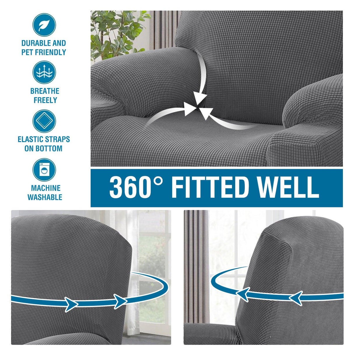 H.VERSAILTEX Stretch Couch Cover Recliner Cover Electric Power Lift Recliner Chair Cover Fitted Standard Large Power Lift Recliner with Side Pocket, Soft Thick Jacquard(Single Seat, Grey) H.VERSAILTEX