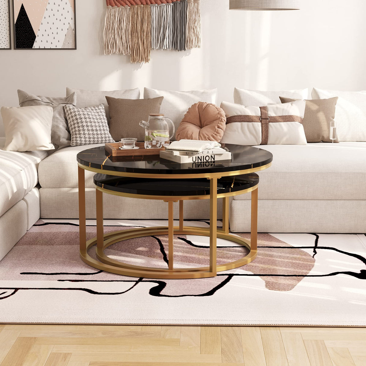 WiberWi Round Coffee Table Nesting Tables Set of 2, Large : Ø 34.0", Small : Ø 26.0", Modern Design Coffee Tables for Living Room, Gold Metal Frame Circle Cocktail Table, High Glossy Faux Black Marble WiberWi
