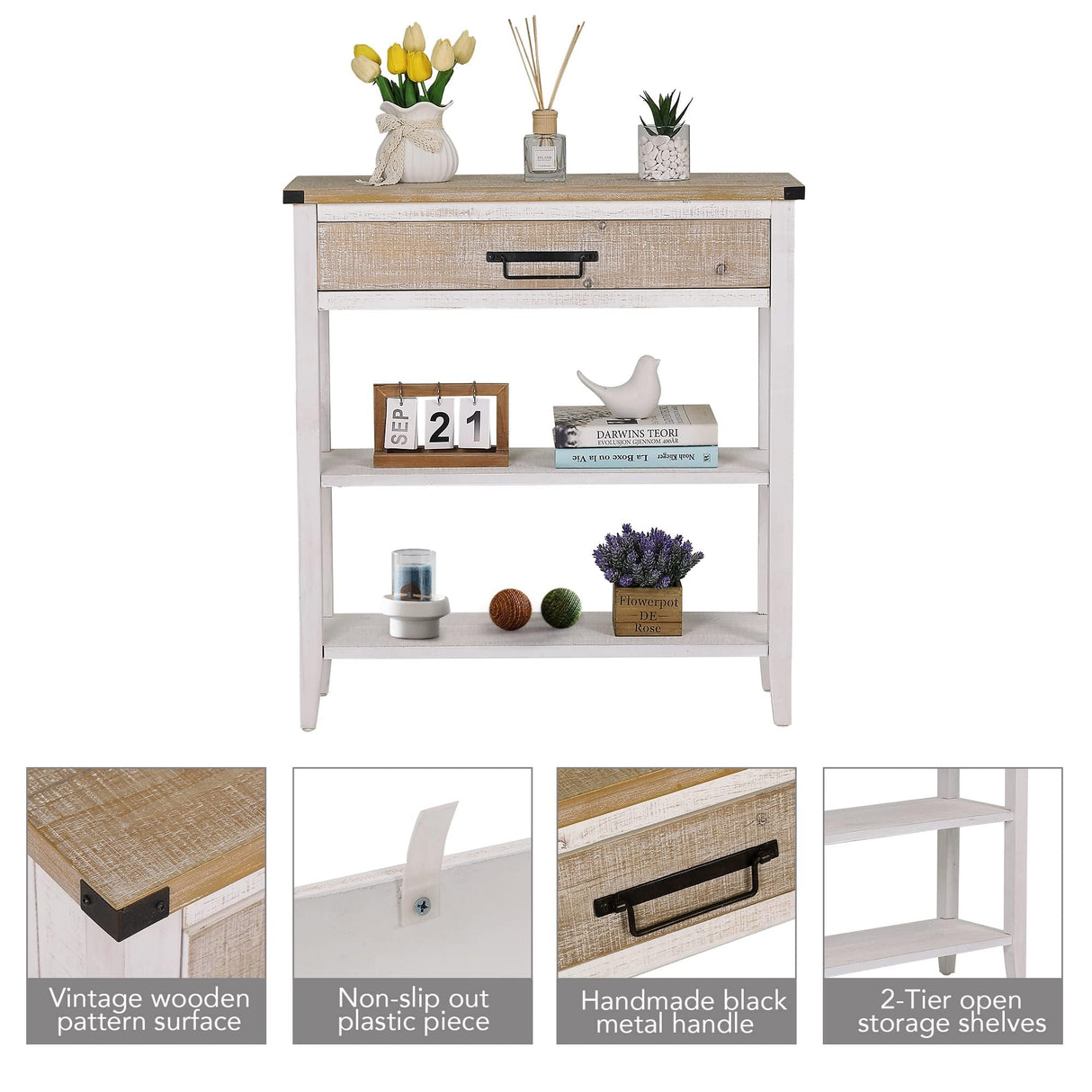 RUSTOWN Farmhouse Console Table with Drawer, 3-Tier Rustic Entryway Table with Open Storage Shelves and Handmade Metal Handle, Narrow Foyer Sofa Table for Living Room, Entryway, Hallway (Washed White) RUSTOWN