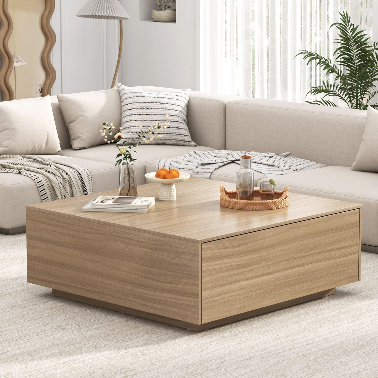 chartustriable 43” Square Coffee Table with Storage, 43" D x 43" W x 17" H Modern Large Square Center Table with 2 Drawers, Wood Coffee Table for Living Room, Light Brown,Bedroom,Light Brown chartustriable