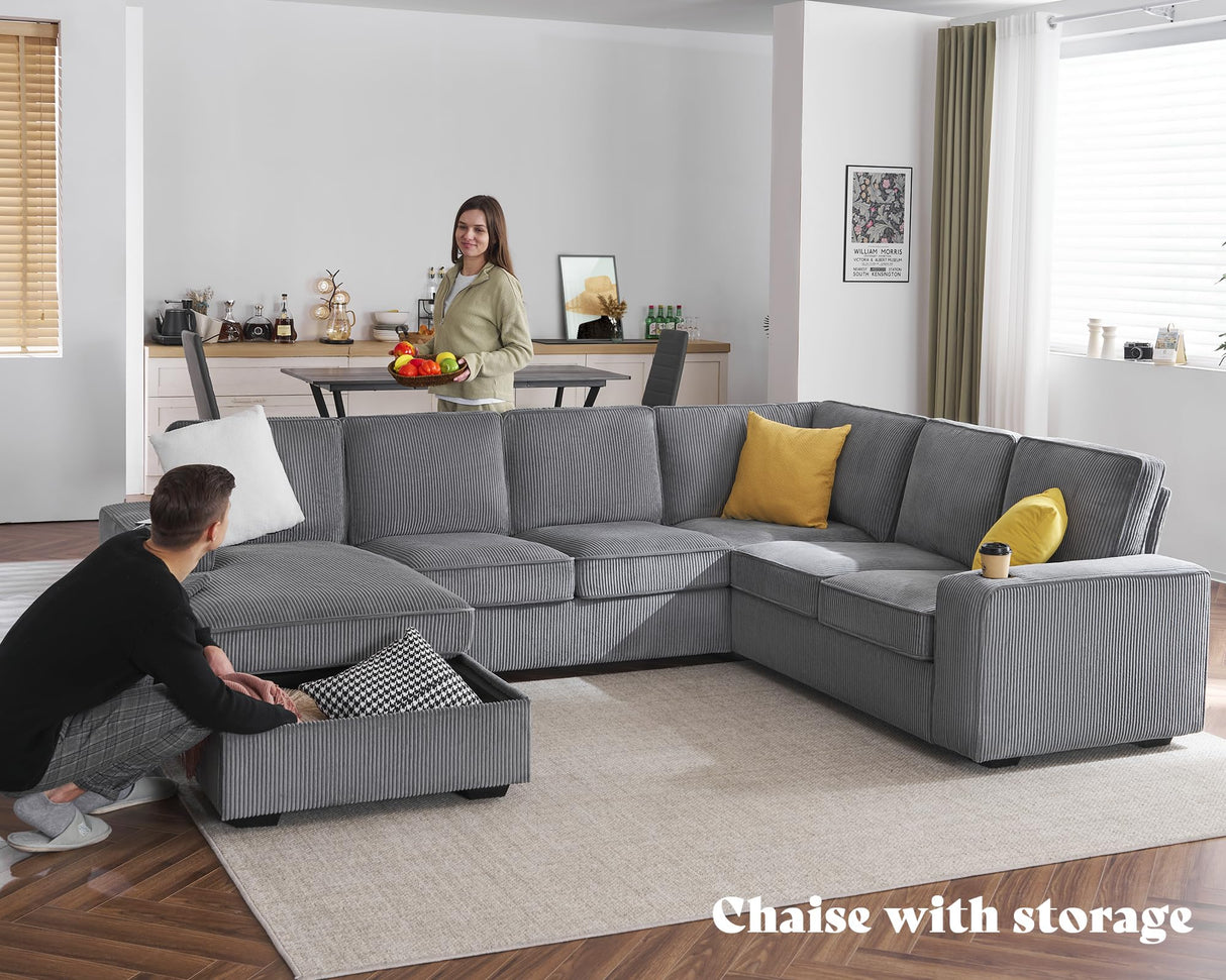 PaPaJet Oversized Sofa, 112 inch U Shaped Sofa with USB Ports, Sectional Couch with Storage Chaise, Corduroy Grey PaPaJet