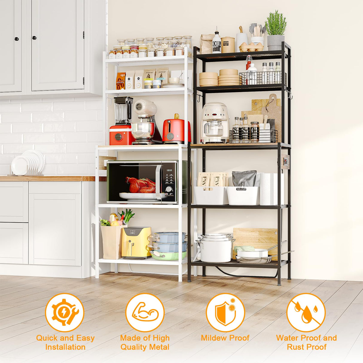 Roxibelt S1 Kitchen Bakers Rack with Power Outlet,Microwave Stand with Storage 5-Tiers,Freestanding Coffee Bar Table with 4 Adjustable Hooks,Kitchen Storage Shelf 13" D x 22.9" W x 58.3" H,Beige White Roxibelt