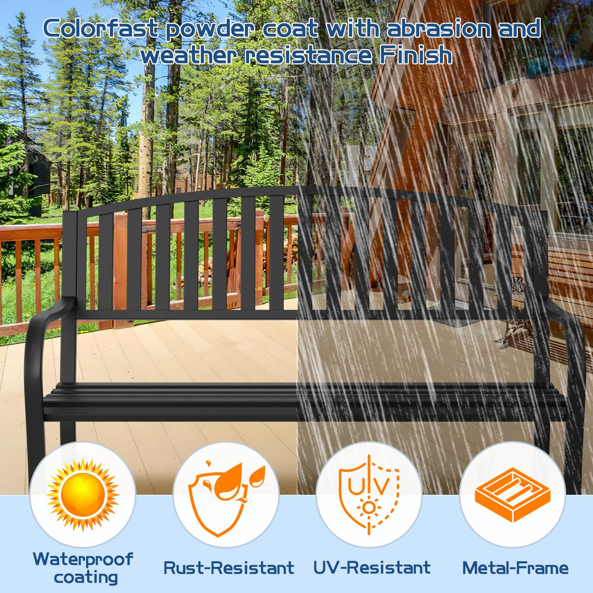 Maemttes Outdoor Bench Garden Bench, Weatherproof Anti-Rust Heavy-Duty Outside Benches Clearance, Wrought Iron Metal Bench for Front Porch, Patio, Park Maemttes