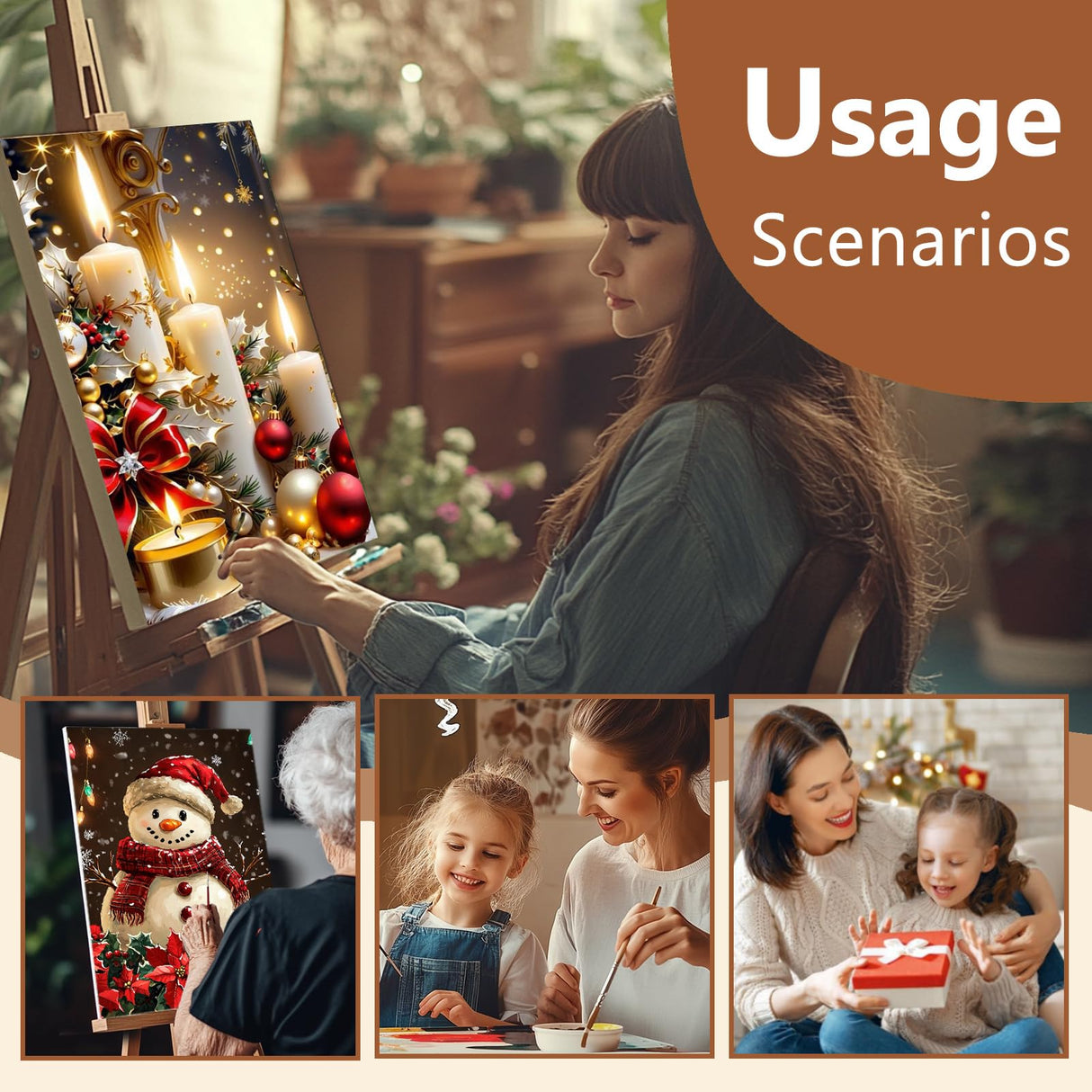 Reivworl 4 Pack Framed Paint by Numbers for Adults with Wooden Easel, Christmas Paint by Numbers Kit for Adults Beginner, Acrylic Painting by Number for Home Decor 8X12 Inch Reivworl