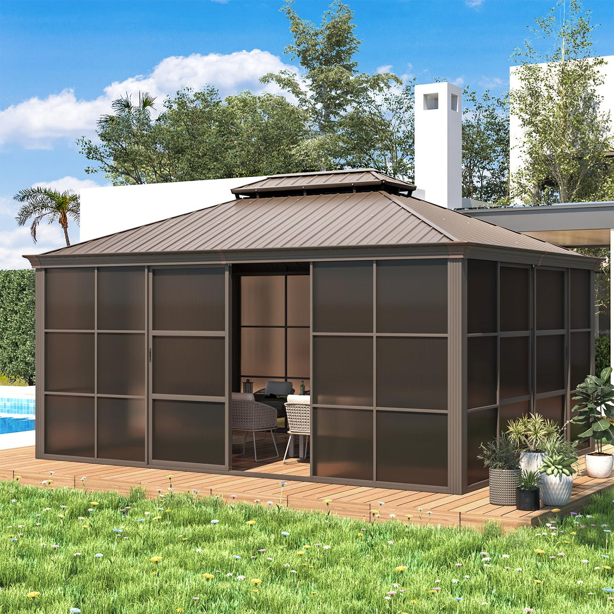 EROMMY 12' x 16' Sunroom, All-Season Gazebo Solarium with Galvanized Steel Roof, Aluminum Frame, Outdoor Permanent Sun Room with Sliding Door EROMMY