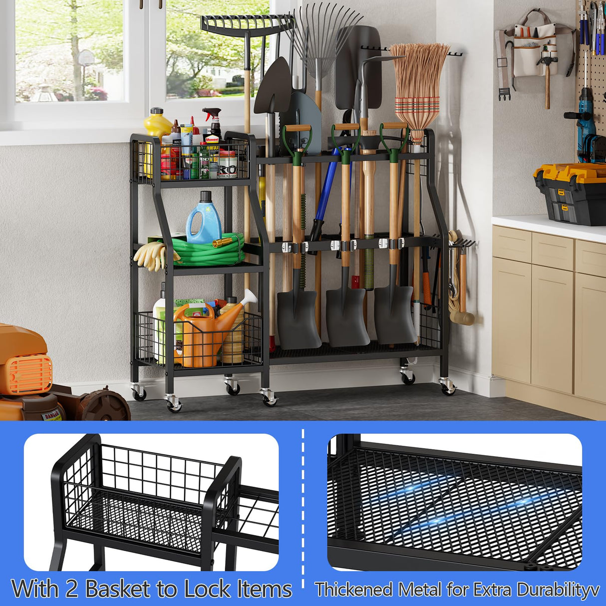 keomaisyto Garden Tool Organizer with 6 Wheels(3 lockable), Heavy Duty Yard Tool organizer with 2 Basket, Large Metal Garage Tool Organization and Storage for Garage/Shed/Yard/Broom Closet/Lawn keomaisyto
