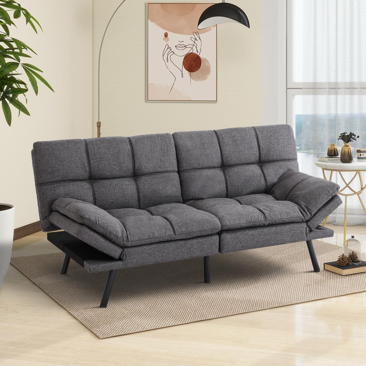MUUEGM Futon Sofa Bed Memory Foam Small Loveseat Sleeper Sofa Dark Grey with Adjustable Backrest Removable Armrests for Small Space Office Couch,Living Room,Apartment MUUEGM
