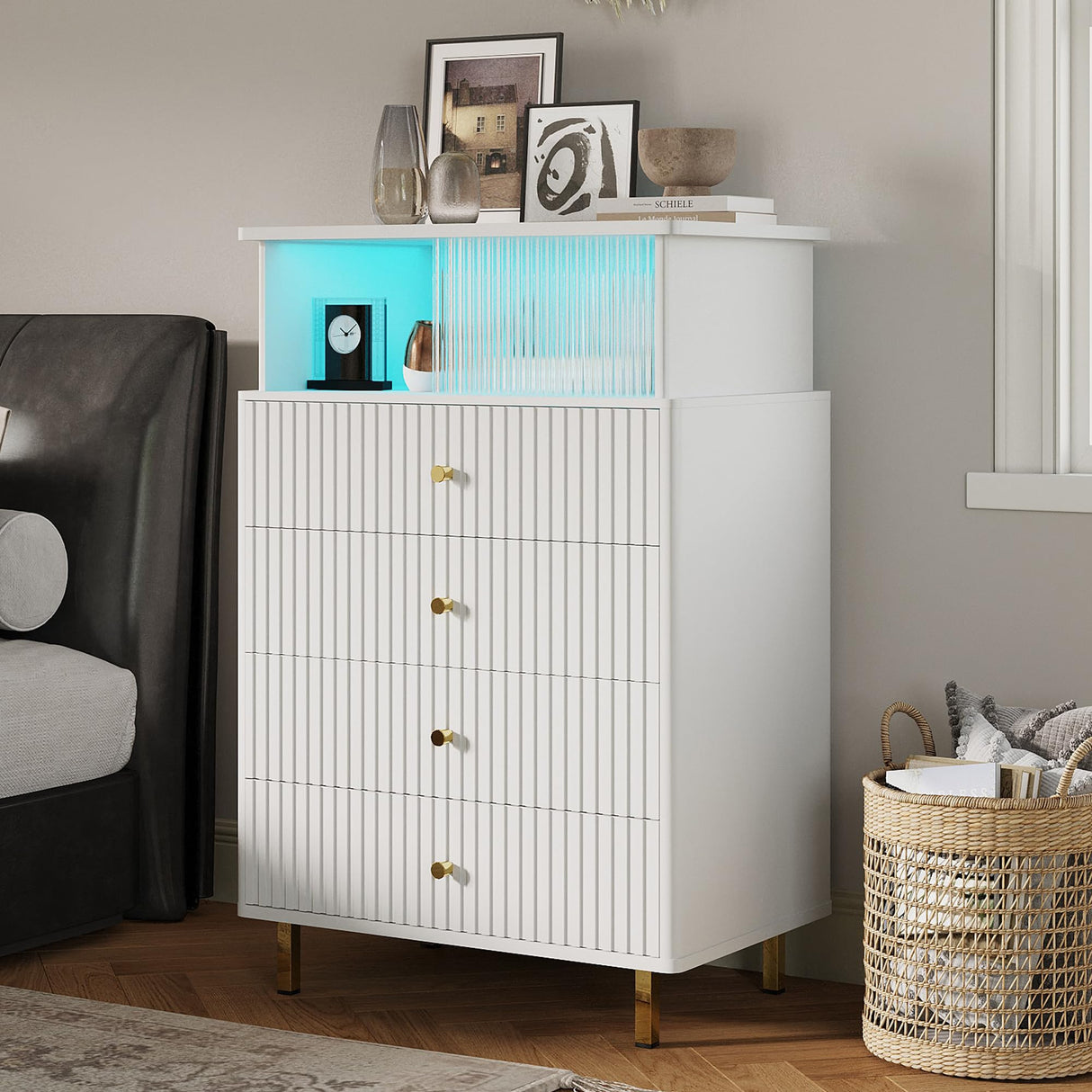 ChooChoo Dresser for Bedroom with Large Capacity, 4 Drawer Dresser with LED and Acrylic, Modern White and Gold Dresser Tall, Chest of Drawers with Storage Space for Hallway, Entryway (White) ChooChoo
