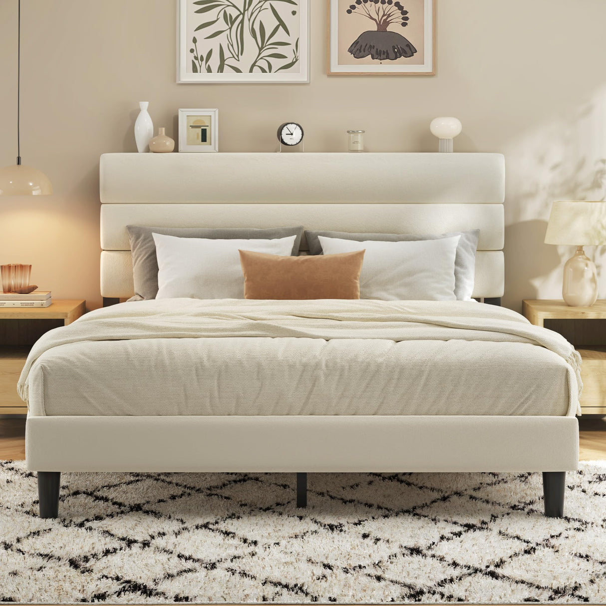 Fluest Queen Bed Frame, Platform Bed Frame with Velvet Upholstered Headboard, No Box Spring Needed, Sturdy Metal Support, Noise Free, Easy Assembly, Modern Bedroom Furniture, Beige Fluest