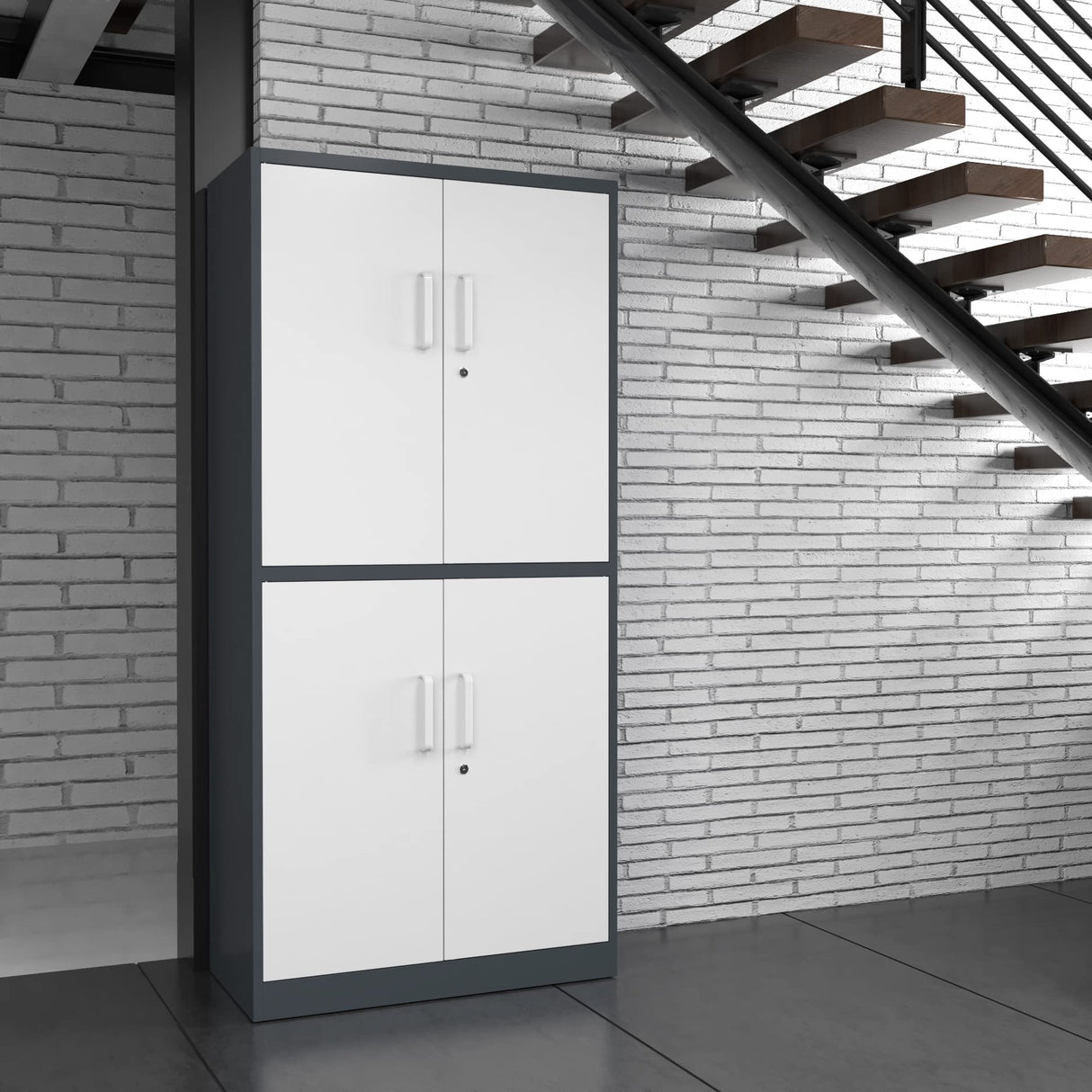 Anxxsu Metal Storage Cabinet, 71" Steel Cabinet with 2 Adjustable Shelves, Locking 4 Doors File Cabinet for Home, School, Office, Hospital, Garage Storage (Grey White) Anxxsu